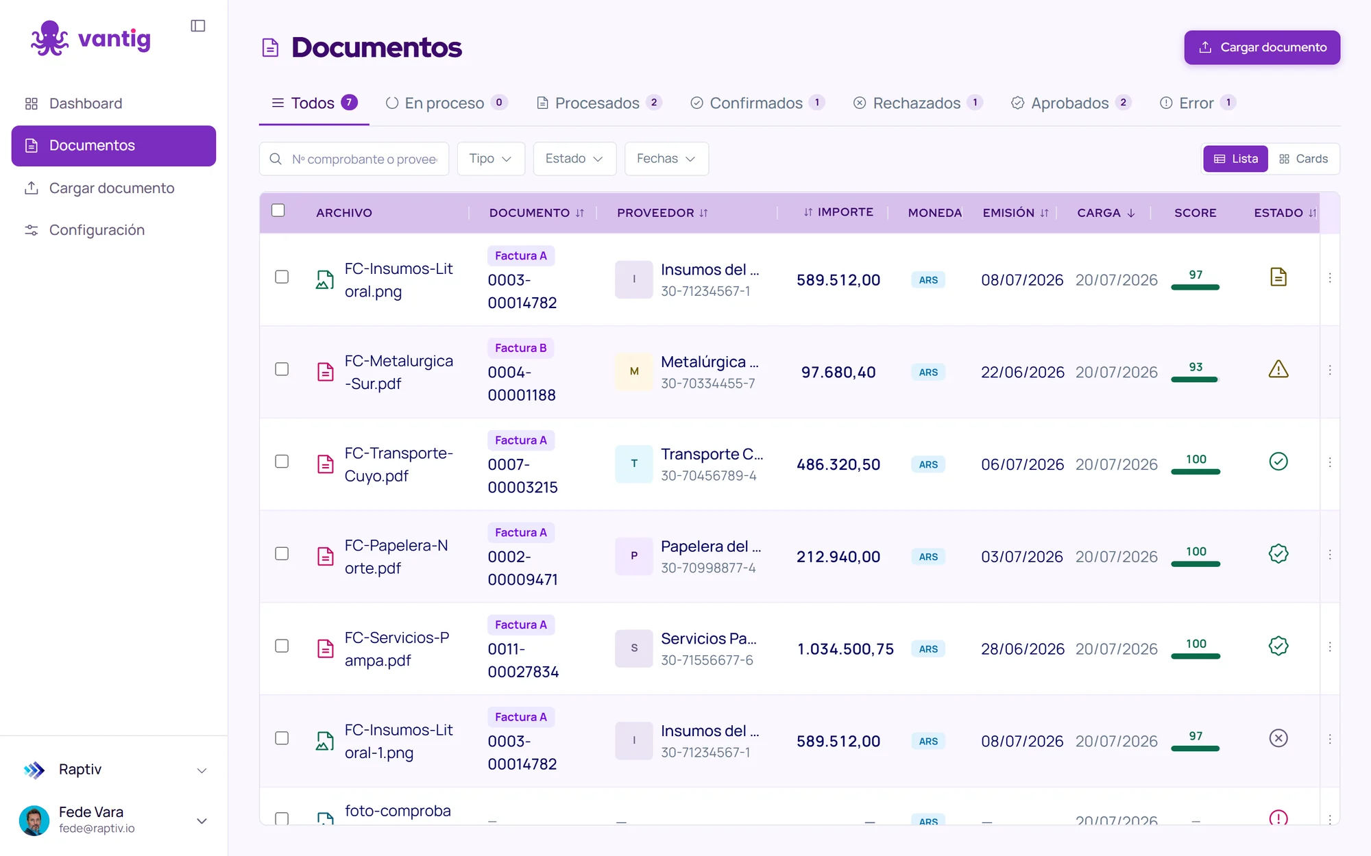 Lista de comprobantes en Vantig: cada fila muestra el archivo, el proveedor, el importe, la fecha, el nivel de confianza de la extracción y el estado.